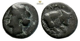Mysia, Gambrion. AE Struck under Gorgion, circa 400 BC. (1.23g, 11.4mm) Laureate head of Apollo to left / Forepart of bull butting to right, head faci...