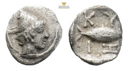 Mysia, Kyzikos AR Hemiobol. Circa 450-400 BC. (0.23g, 7.1mm) Head of Hermes to right, wearing winged conical helmet / Tunny to right; KY-IΣ above and ...