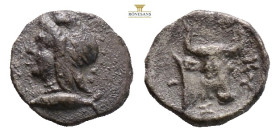 Mysia, Kyzikos AR Hemiobol. Circa 450-400 BC. (0.30g, 8.1mm) Head of Attis to left, wearing Phrygian cap; below, tunny fish to left / Head and neck of...