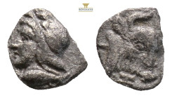 Mysia, Kyzikos AR Hemiobol. Circa 450-400 BC. (0.27g, 7.2mm) Head of Attis to left, wearing Phrygian cap; below, tunny fish to left / Head and neck of...