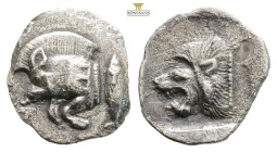 Mysia, Kyzikos AR Obol. Circa 450-400 BC. (0.84g, 12.8mm) Forepart of boar to left; E (retrograde) on shoulder, tunny fish upwards behind / Head of ro...