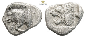 Mysia, Kyzikos AR Obol. Circa 450-400 BC. (1.19g, 10.9mm) Forepart of boar to left, tunny upward to right / Head of roaring lion to left within incuse...
