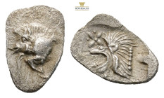 Mysia, Kyzikos AR Hemiobol. Circa 450-400 BC. (0.39g, 10.9mm) Forepart of boar to left, tunny upward to right / Head of roaring lion to left star in u...
