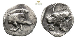 Mysia, Kyzikos AR Hemiobol. Circa 450-400 BC. (0.22g, 7.4mm) Forepart of boar to right, [tunny fish upward to right] / Head of roaring lion to left; r...