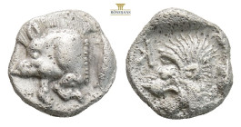 Mysia, Kyzikos AR Obol. Circa 450-400 BC. (0.84g, 9.1mm) Forepart of boar to left, [tunny fish upward to right] / Head of roaring lion to left; retrog...