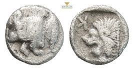 Mysia, Kyzikos AR Hemiobol. Circa 450-400 BC. (0.39g, 7.8mm) Forepart of boar to left, [tunny fish upward to right] / Head of roaring lion to left; re...