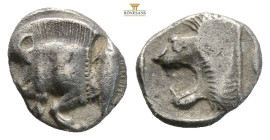 Mysia, Kyzikos AR Obol. Circa 450-400 BC. (1.15g, 10.5mm) Forepart of boar to left, tunny upward to right / Head of roaring lion to left within incuse...