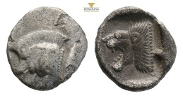 Mysia, Kyzikos AR Hemiobol. Circa 450-400 BC. (0.47g, 8.6mm) Forepart of boar to left, tunny upward to right / Head of roaring lion to left within inc...