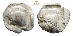 Mysia, Kyzikos AR Obol. Circa 450-400 BC. (0.40g, 8.8mm) Forepart of boar to left, tunny upward to right / Head of roaring lion to left within incuse ...