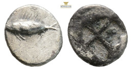 Mysia, Kyzikos AR Hemiobol. Circa 550-530 BC. (0.59g, 9.4mm) Tunny fish to Right / Quadripartite incuse square. Klein 261 var. (obol); SNG von Aulock ...