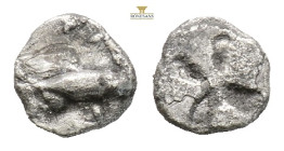 Mysia, Kyzikos AR Tetartemorion. Circa 550-530 BC. (0.17g, 5.9mm) Tunny fish to left / Quadripartite incuse square. Klein 261 var. (obol); SNG von Aul...