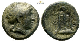 Mysia, Kyzikos AE Circa 3rd century BC. (5.23g, 17.9mm) Head of Kore Soteira right, hair bound in sakkos. KY-ZI. Tripod; below, tunny right. SNG Franc...