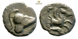 Mysia, Lampsakos AE. 4th-3rd century BC. (0.83g, 10.4mm) Corinthian helmet to right; ΛΑM below / ΨΑ, forepart of Pegasos to right; below, dolphin to r...