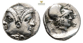 Mysia, Lampsakos AR Diobol. 4th-3rd centuries BC. (1.26g, 11.1mm) Janiform head / ΛA[M]Ψ, helmeted head of Athena to right within incuse square. SNG B...