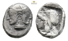 Mysia, Lampsakos AR Obol. Circa 500-460 BC. (0.83g, 9.4mm) Janiform female head / Helmeted head of Athena to left, within incuse square. SNG BnF 1129-...