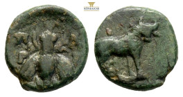 Mysia, Parion. Circa 2-1 th century BC. AE (1.55g, 11.6mm) Π Α Ρ Ι, Bee with straight wings / Bull standing right. extremely rare