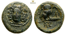 Mysia, Parion. 2nd - 1st century BC. AE (2.57g, 13.6mm) Head of Medusa facing slightly to left / Π-Α Ρ-Ι, owl standing to right on palm branch, head f...