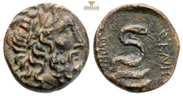 Mysia, Pergamon. Circa. 200–113 BC. AE (6.14g,18.8mm) Laureate head of Asklepios (or Zeus) right. ΑΣΚΛΗΠΙΟΥ / ΣΩΤΗΡΟΣ, serpententwined staff of Asklep...