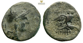 Mysia, Pergamon. Circa 200-133 BC. AE (2.42g, 17.5mm) Helmeted head of Athena to right; helmet decorated with star / Owl standing facing on palm; AΘHN...