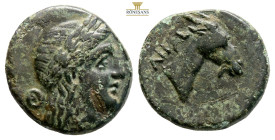 Aeolis, Aigai. Circa 3rd century BC. AE (4.64g, 16.9mm) Laureate head of Apollo to right / Head and neck of a goat to right, AIΓAE behind. BMC 2-4; SN...