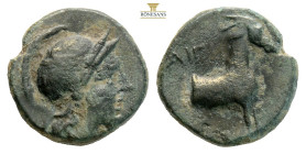 Aiolis, Aigai. Circa 2nd-1st century BC. AE (1.84g, 12.7mm) Helmeted head of Athena to right / Forepart of goat to right; AIΓAE above. SNG München 363...