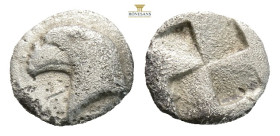 Aeolis, Kyme AR Hemiobol. Circa 480-450 BC. (0.43g, 8.1mm) Head of eagle to left; K-Y across neck truncation / Quadripartite incuse square. SNG Copenh...