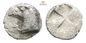 Aeolis, Kyme AR Hemiobol. Circa 480-450 BC. (0.39g, 7.7mm) Head of eagle to left; K-Y across neck truncation / Quadripartite incuse square. SNG Copenh...
