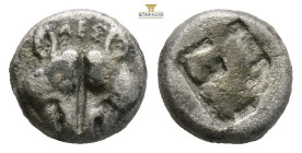 Lesbos. Uncertain mint AR Twelfth Stater. Circa 550-480 BC. (1.21g, 9.4mm). Confronted heads of boars / Quadripartite incuse square. SNG Copenhagen 28...
