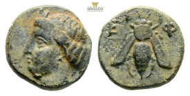Ionia, Ephesos. Circa 375-325 BC. AE (1.44g, 10.6mm) Female head to left, wearing mural-crown / Bee with straight wings; E-Φ across upper fields. BMC ...
