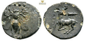 Ionia, Ephesos. Circa 200 BC. AE (3.33g, 17mm) Euenos, magistrate. Bee / Stag kneeling to left, head reverted, EYHNΩΣ to left, quiver to right. Kinns,...