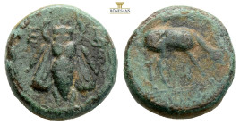 Ionia, Ephesos. Circa 190-150 BC. AE (4.10g, 15.5mm) Eupolis(?), magistrate. Bee; E-Φ across upper fields; all within wreath / Stag grazing to right; ...