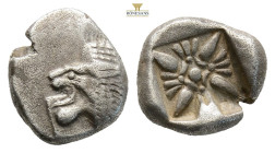 Ionia, Miletos AR Diobol. Circa 520-450 BC. (1.32g, 10.8mm) Forepart of roaring lion to right, head reverted / Stellate design within incuse square. S...