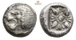 Ionia, Miletos AR Diobol. Circa 520-450 BC. (1.04g, 9.1mm) Forepart of roaring lion to right, head reverted / Stellate design within incuse square. SN...