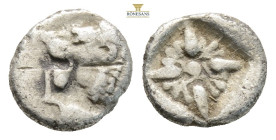 Ionia, Miletos AR obol. Circa 520-450 BC. (0.68g, 9.2mm) Forepart of roaring lion to right, head reverted / Stellate design within incuse square. SNG ...