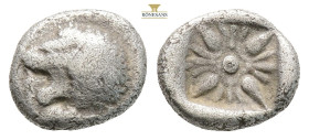 Ionia, Miletos AR Diobol. Circa 520-450 BC. (1.07g, 9.9mm) Forepart of roaring lion to right, head reverted / Stellate design within incuse square. SN...