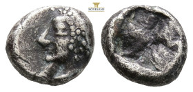 Ionia, Phokaia AR Diobol. Circa 521-478 BC. (1.37g, 10.5mm) Archaic female head to left, wearing earring and helmet or close fitting cap / Quadriparti...
