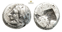 Ionia, Phokaia AR Diobol. Circa 521-478 BC. (1.10g, 8.9mm) Archaic female head to left, wearing earring and helmet or close fitting cap / Quadripartit...