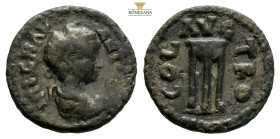 Troas, Alexandria. Caracalla, AD 198-217. AE, Quadrans. (2.38g, 15.2mm) Laureate, draped and cuirassed bust of Caracalla, right. COL AVG TRO. Tripod. ...