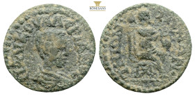 Ionia, Teos. Valerian II. Caesar, AD 256-258. AE (8.24g, 19.7mm) Bareheaded, draped, and cuirassed bust right / Anacreon seated right, playing lyre he...