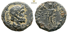 Lydia, Sala. Pseudo-autonomous issue. temp. Trajan–Hadrian, AD 98-138. AE (2.74g, 17.1mm) Draped bust of bearded Demos right / Hermes, nude, standing ...