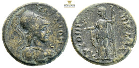 LYDIA, Thyateira. Pseudo-autonomous issue. 2nd century AD. AE (6.94g, 21.8mm) Helmeted bust of Athena right, wearing aegis, holding spear over shoulde...