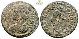 Lydia, Thyatira. Pseudo-autonomous. Time of the Severans AD.193-235. AE (3.44g, 23.2mm) Homonoia with Smyrna. BOPЄITHNH.
Draped bust of Artemis Borei...
