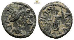 Phrygia, Ankyra. AD. 193-217 AE (3.14g, 18.8mm) Pseudo-autonomous issue, ΘΕΑ ΡΩΜΗ, draped bust of Roma to right. ΑΝΚΥΡΑΝΩΝ, Dionysos, standing left, h...