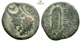 Phrygia, Cadi. Claudius, AD 41-54. AE Hemiassarion Orichalcum, (3.57g, 18.2mm) Meliton, son of Asklepiados, magistrate. KΛAYΔIOC KAICAP Laureate head ...