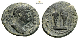 Pamphylia, Aspendus. Hadrian. AD 117-138. AE (4.55g, 19.7mm) Laureate, draped, and cuirassed bust right, seen from the front / Two cult statues of Aph...