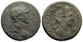 Cilicia, Anazarbus. Trajan, with Plotina, 98-117. Tetrassarion AE (20.93g, 29.1mm) CY 132 = 113/4. AYTO KAI NЄP TPAIANOC CЄ ΓЄP ΔA Laureate head of Tr...