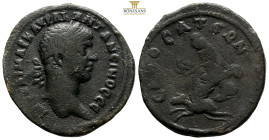 Commagene, Samosata. Elagabalus. AD 218-222. AE (17.30g, 33.9mm) Laureate head right. / Tyche seated left on rock outcropping, holding grain ears; eag...