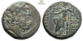 Syria. Seleucis & Pieria. Antioch. 1st century BC AE, Tetrachalkon. (7.75g, 19.7mm) Laureate head of Zeus, r. ANTIOXEΩΝ THΣ [ΜΗΤPΟΠΟΛΕΩΣ?]. Zeus seate...