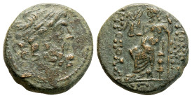 Syria. Seleucis & Pieria. Antioch. 1st century BC AE, Tetrachalkon. (7.03g, 20.7mm) Laureate head of Zeus, r. ANTIOXEΩΝ THΣ [ΜΗΤPΟΠΟΛΕΩΣ?]. Zeus seate...