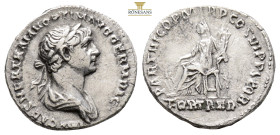 Trajan AR Denarius. Rome, AD 114-116. (2.95g, 18.6mm) IMP CAES NER TRAIAN OPTIM AVG GERM DAC, laureate bust right, aegis on far shoulder / PARTHICO P ...